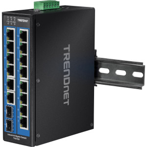 TRENDnet TI-G162 16-Port Ethernet Switch, 14 Gigabit ethernet ports, 2 Gigabit SFP slots, 32 Gbps switching capacity, DIN-rail/wall mount